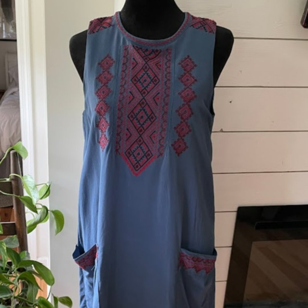 Madewell 100% Silk Dark Chambray Embroidered Tunic Dress